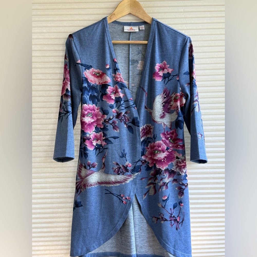 Quacker Factory Open Cardigan Sweater Womens XXS Blue Floral Birds Rhinestones